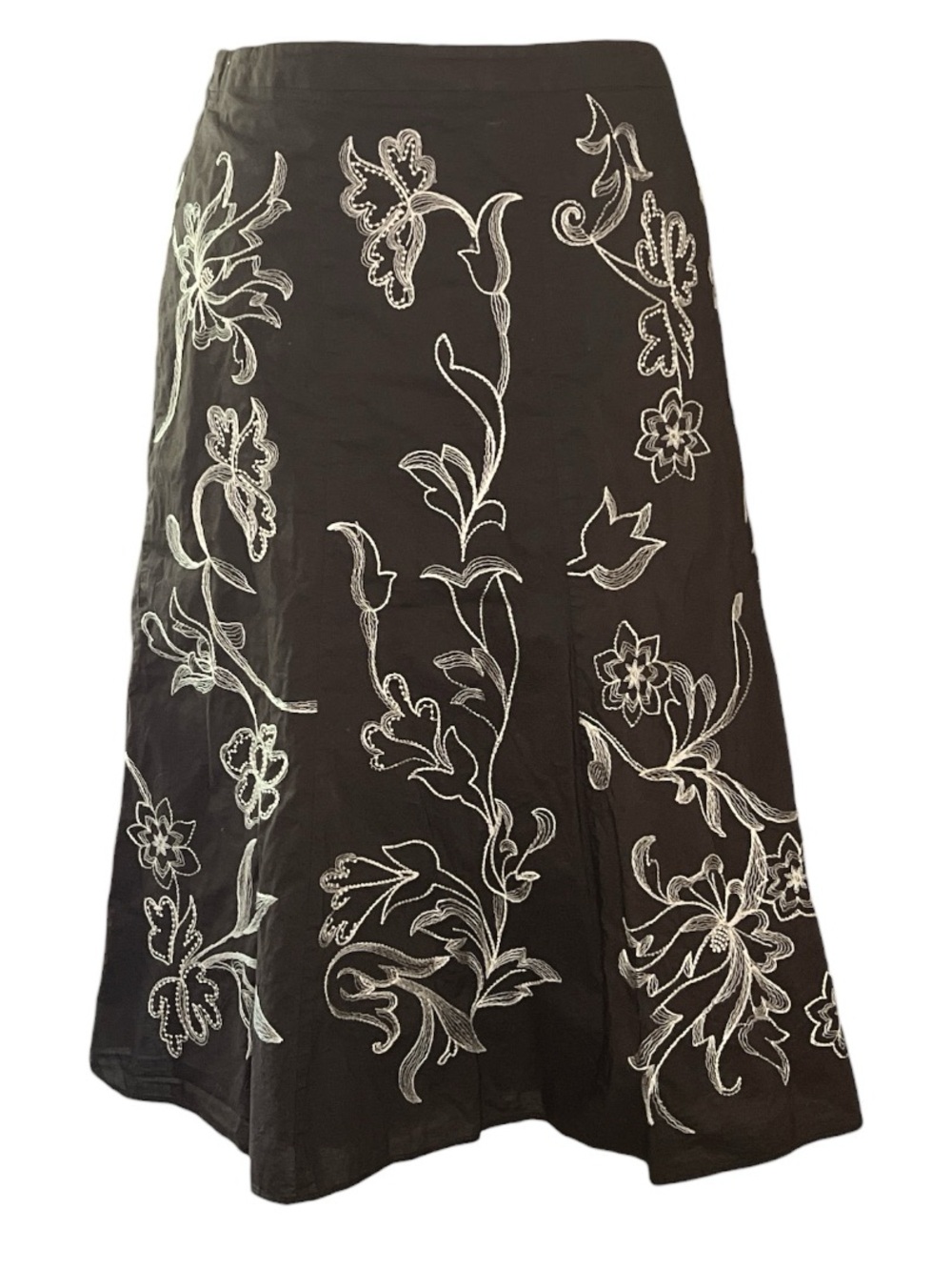 Ann Taylor Brown A-Line Flare Skirt with Cream Floral Embroidery Sz 14